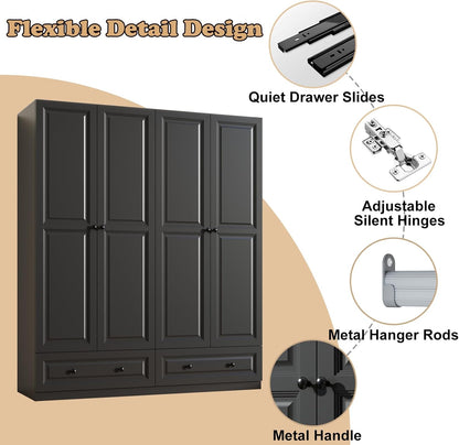 Armoire Wardrobe Closet with Drawers: 74" Black Tall Wooden Wardrobe Closet for Hanging Clothes, Large Bedroom Armoires with 2 Drawers, 4 Door Armoire Storage Cabinet (Black, 63")