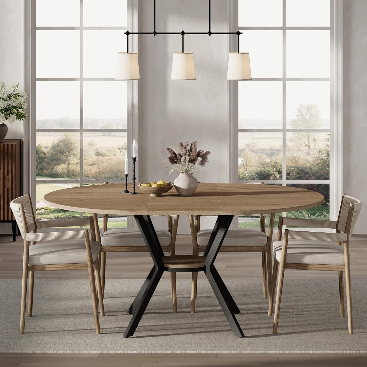 42"-58" Extendable Round Dining Table with Built-in Flip Leaf, Modern Oval Kitchen Table for 4-6, Space-Saving Small Room Furniture with Storage Shelf and X-Shaped Metal Base