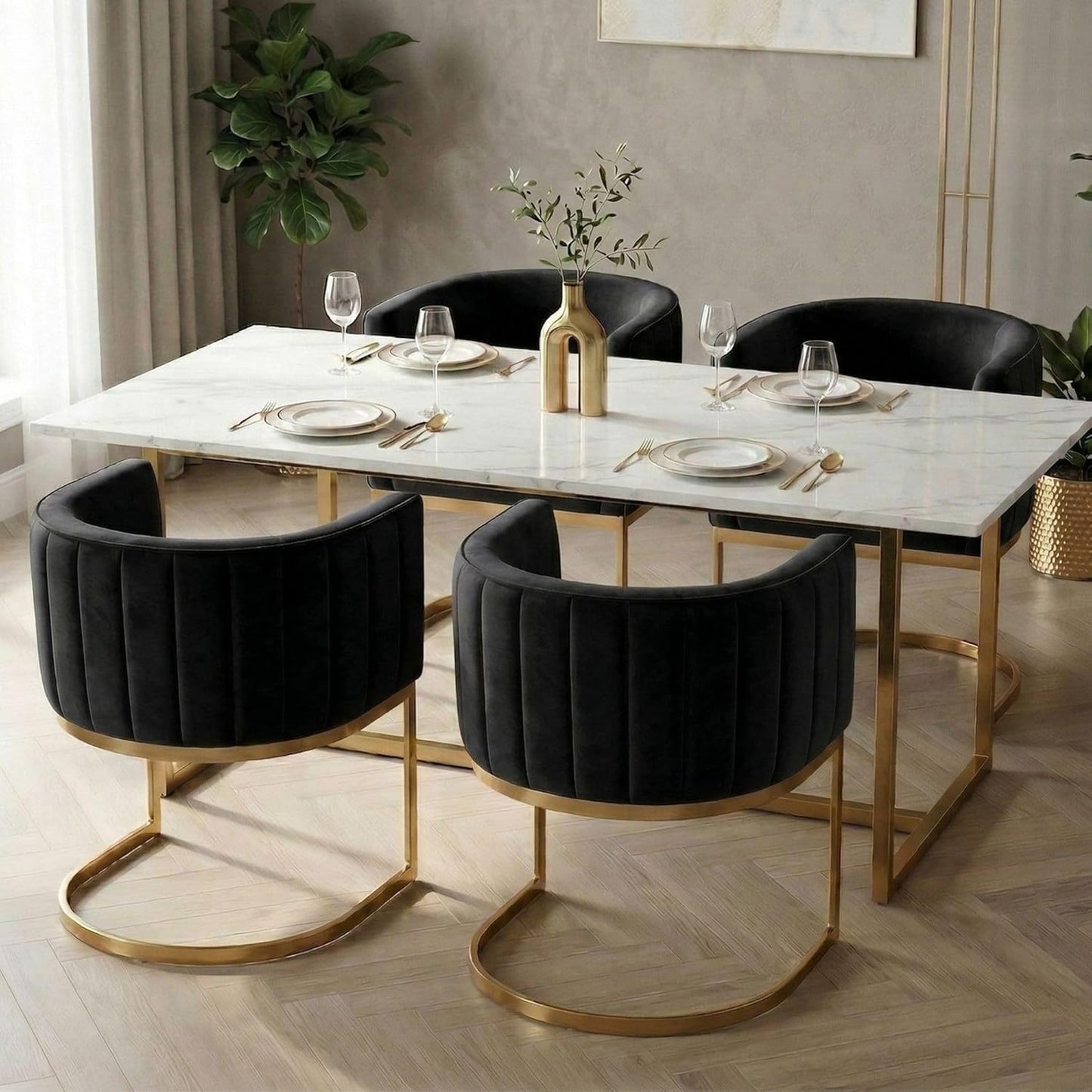 Hyfirm Black and Gold Barrel Dining Room Chairs Set of 4, Modern Velvet Upholstered Accent Chairs with Curved Back for Kitchen Island, Luxury Comfort Seating Cantilever Metal Frame