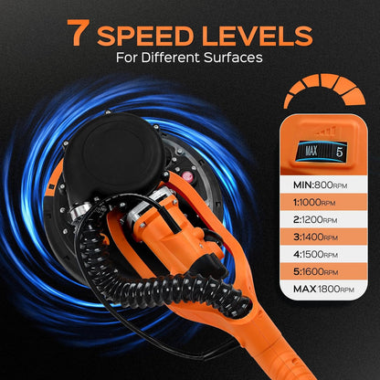 Drywall Sander Tool, KUPERIA 8.5 Amp Popcorn Ceiling Removal Tool with 7 Variable Speed 800-1800RPM,Electric Drywall Sander with Extendable Handle,LED Light,6 Basic Sand Paper& 6 Grid Sandpaper,Orange