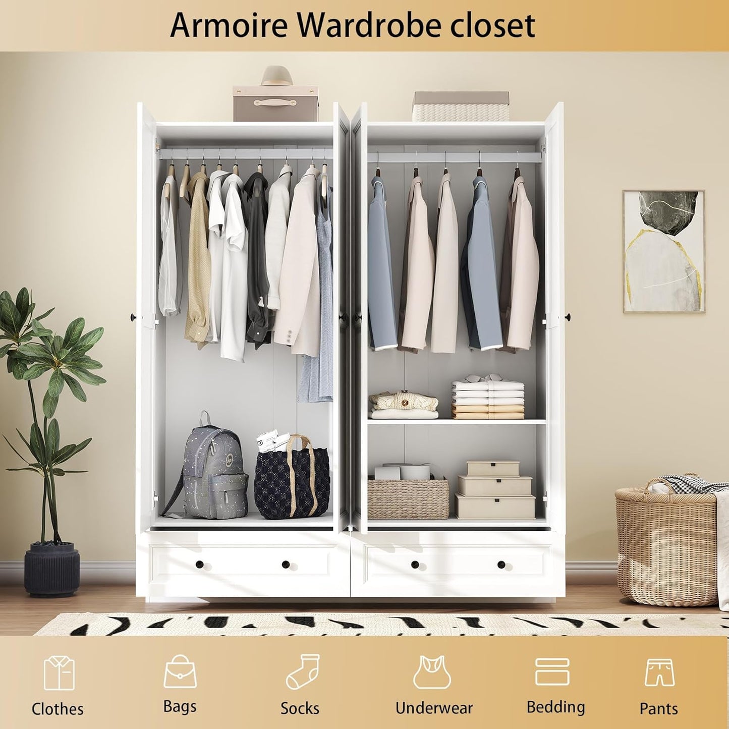 Armoire Wardrobe Closet with Drawers: 63" White Wardrobe Closet with 4 Doors and 2 Drawers, Wood Clothes Armoire with Hanging Rod, Clothing Storage Cabinet for Bedroom