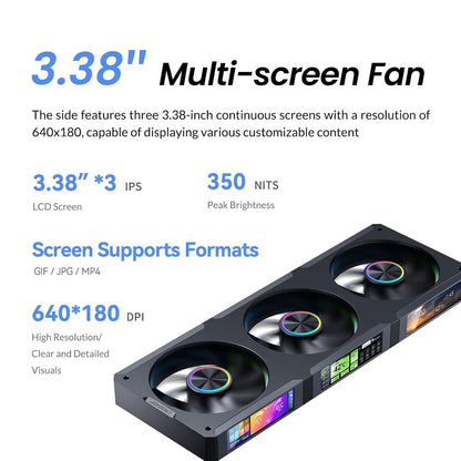 JONSBO ZC-360B 3.38"x3 Screen PC Fan,3 Magnetic 3.38 LCD Screen Control Software,Integrated Link Fan,Customize Display Patterns,Data,Video Upload and Playback,Screen Set Freely,Dual Ball Bearing,Black
