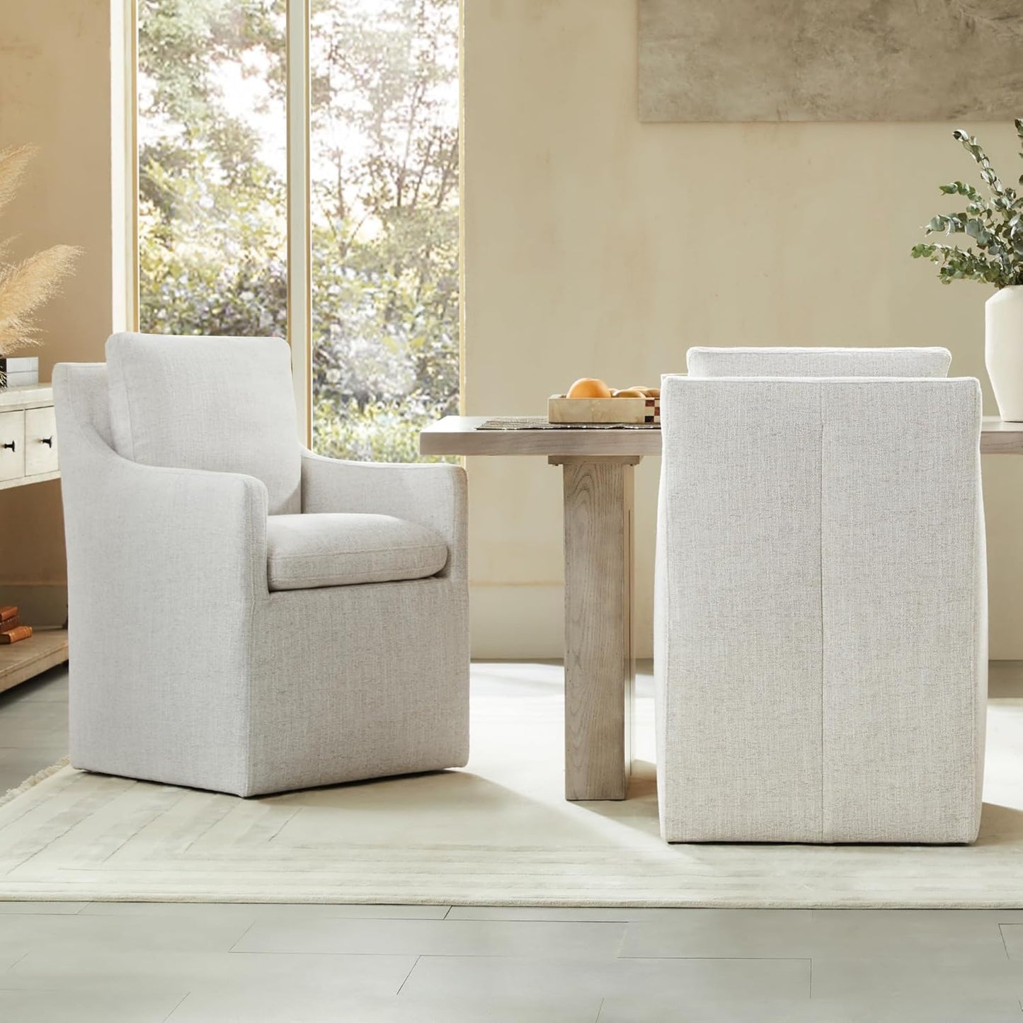 KISLOT Upholstered Dining Chairs with Casters, No Assembly Modern Accent Armchair with Rollers for Dining Room, Bedroom, Living Room, Reading Room, Already Assembled, Linen, 2 Box