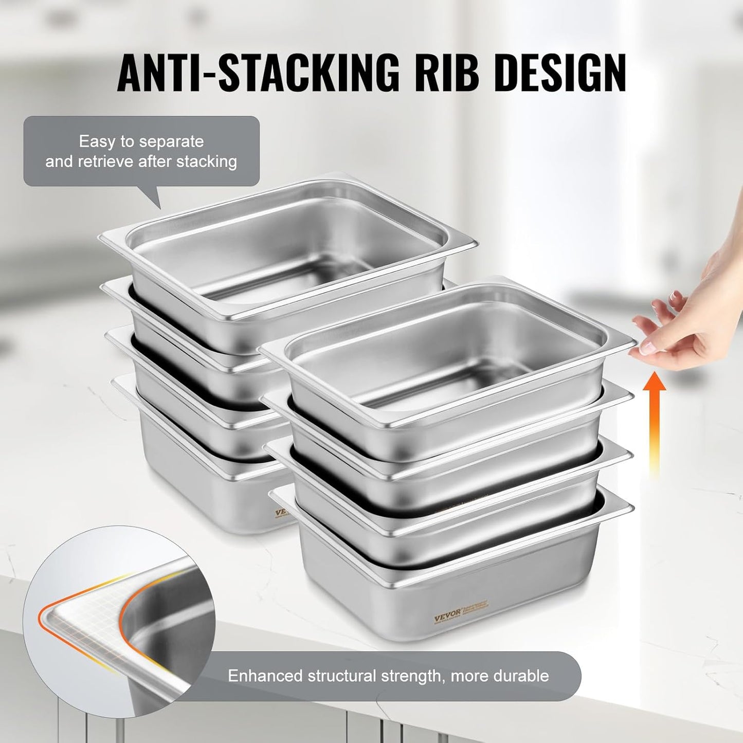 VEVOR 8 Pack Hotel Pans with Lids, 1/2 Size Anti-Jam Steam Pan, 0.8mm Thick Stainless Steel Steam Table Pan, 4-Inch Deep Commercial Table Pan, Catering Storage Food Pan, for Industrial & Scientific