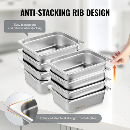VEVOR 8 Pack Hotel Pans with Lids, 1/2 Size Anti-Jam Steam Pan, 0.8mm Thick Stainless Steel Steam Table Pan, 4-Inch Deep Commercial Table Pan, Catering Storage Food Pan, for Industrial & Scientific