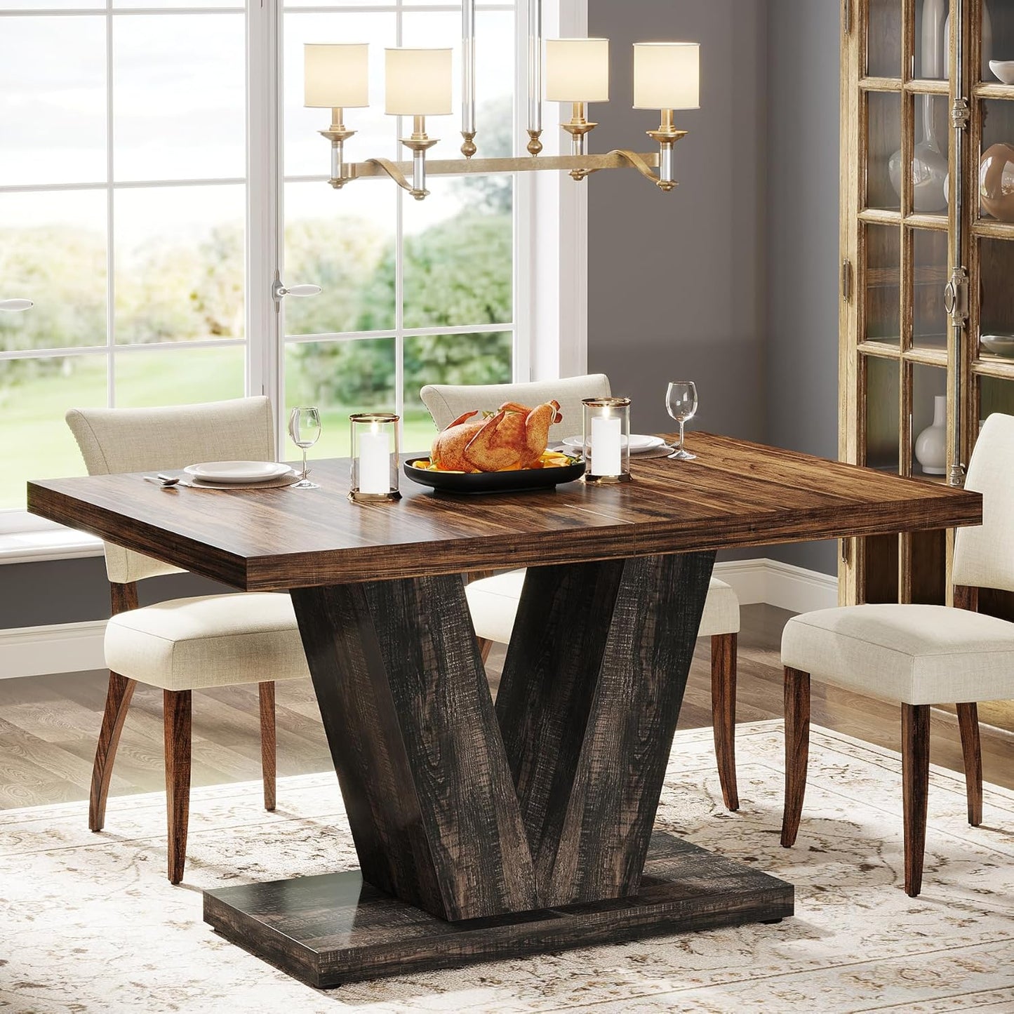 Tribesigns 47-Inch Dining Table for 4, Black Kitchen Dinner Table with Heavy Duty Pedestal, Farmhouse Wooden Eating Table for Home, Dining Room, Small Space, Black & Brown