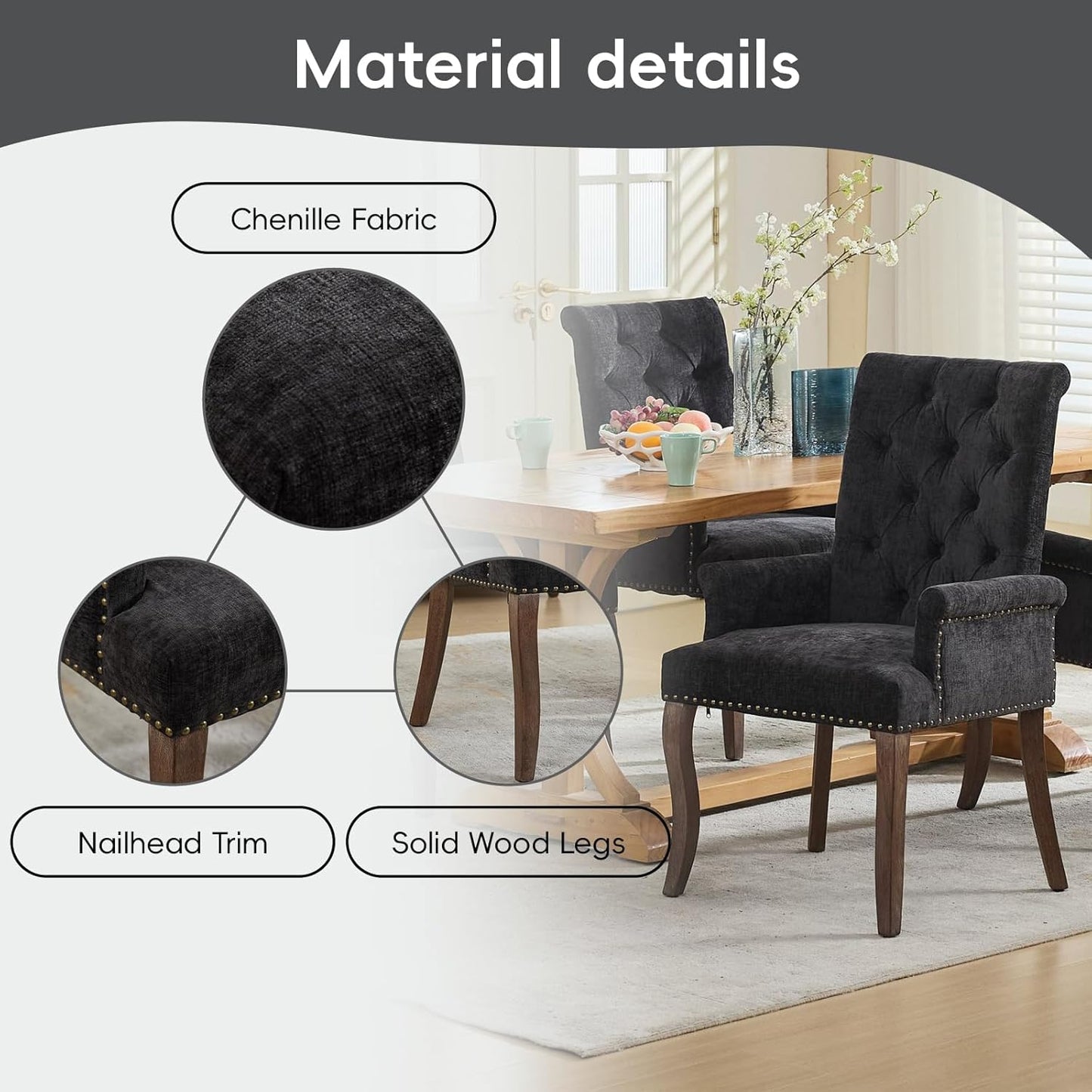 Upholstered Tufted Chenille Dining Chairs with Arms & Nailhead Trim – Solid Wood Frame & Legs, Modern Farmhouse for Dining, Kitchen & Living Room (Set of 6, Charcoal Gray)