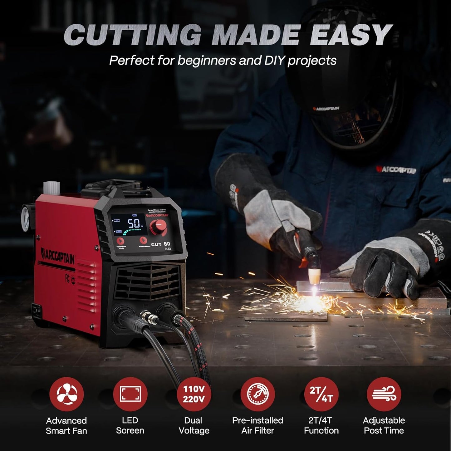 ARCCAPTAIN Plasma Cutter, Large LED Display 50Amps Cutter Machine with 110/220V Dual Voltage DC Inverter IGBT 1/2 Inch Clean Cut Post Flow and 2T/4T, for Beginners DIY