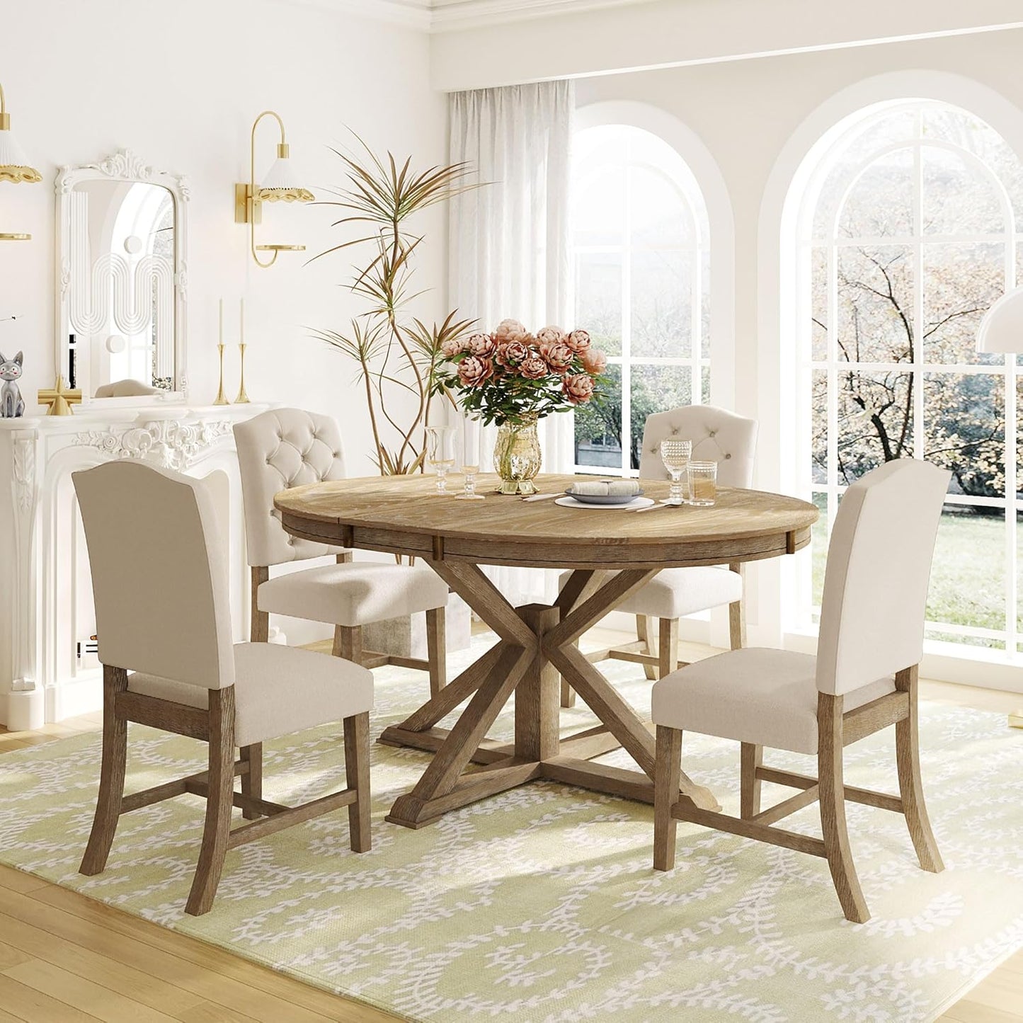 LUMISOL 5-Piece Solid Wood Dining Table Set for 4, Extendable Round Kitchen Table Set with 4 Upholstered Chairs, Farmhouse Table and Chairs Set for Kitchen, Dining Room, Living Room, Natural