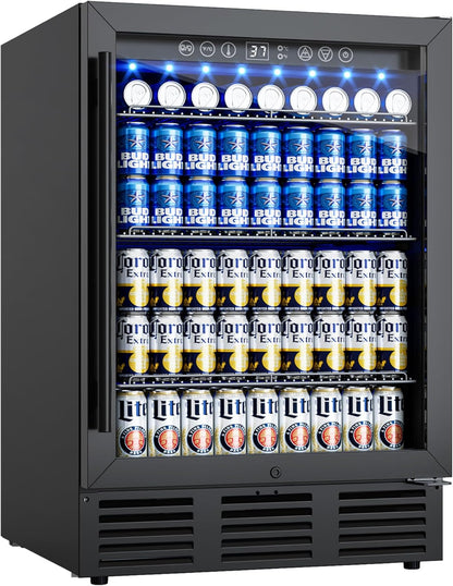 24 Inch Beverage Refrigerator, 180 Cans Beverage Refrigerator with Glass Door, LED Light, Under Counter Refrigerator for Soda, Water, Wine, Drink Fridge for Home, Bar or Office