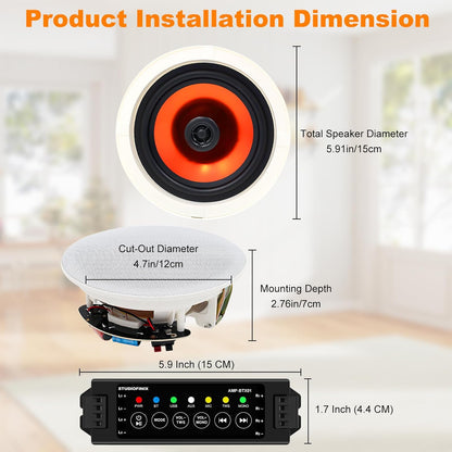 STUDIOFINIX 4 Inch Bluetooth Ceiling Speakers with 4-Channel Amplifier, 480W Max Power, 4 Speakers - Crisp Clear Sound for Living Room, Office, Kitchen, Basement, Covered Patio