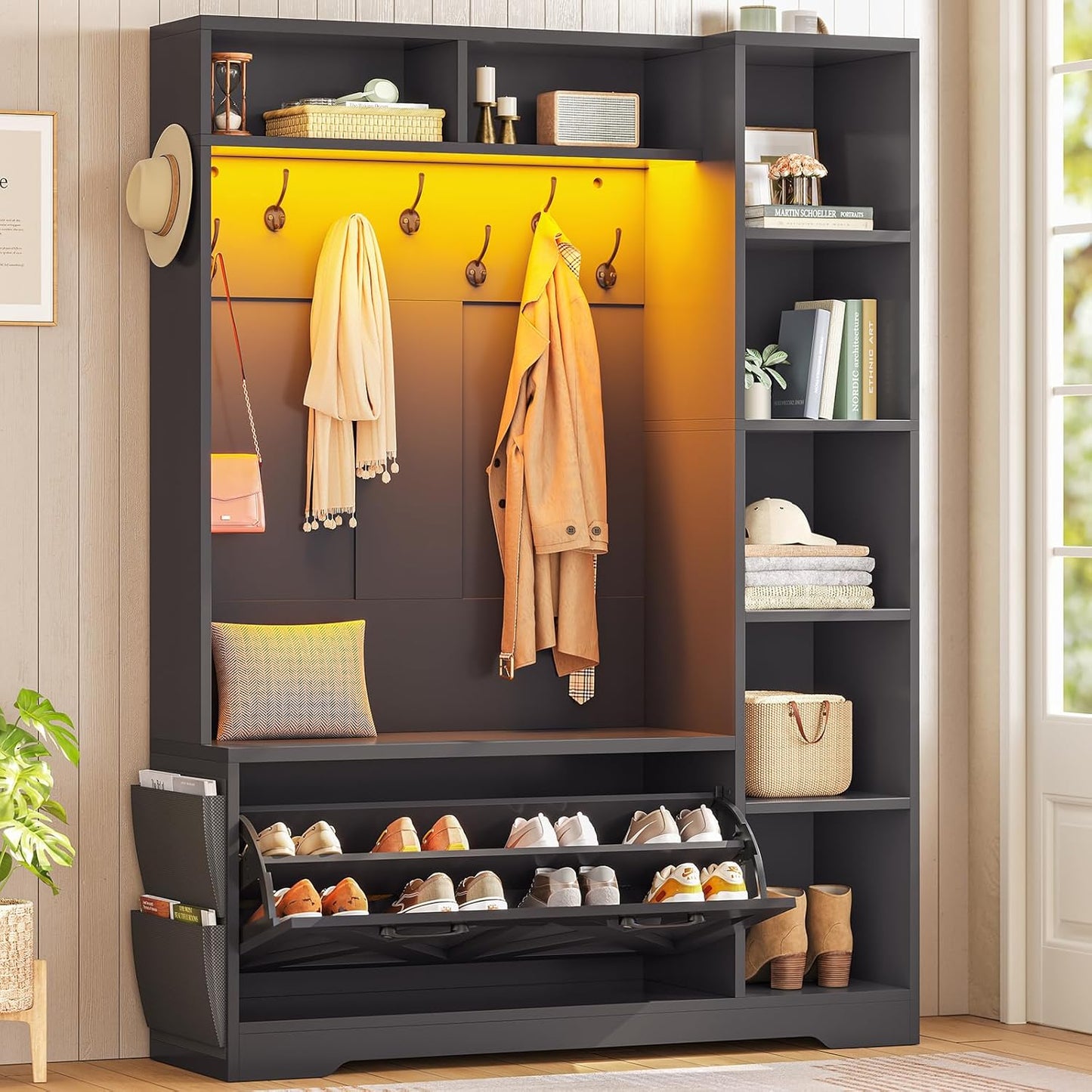 Itaar Hall Tree with Bench and Shoe Storage, Farmhouse Entryway Bench with Coat Rack, Shoe Cabinet with Flip Drawers, 7 Shelves, 10 Coat Hooks, Storage Bag, Led Lights, Black