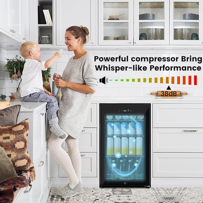 17 Inch Black Beverage Refrigerator Cooler, 96 Cans Mini Fridge with Glass Door&Lock, Beer Fridge for Soda Water or Wine, Drink Refrigerator for Home Office Bar Bedroom