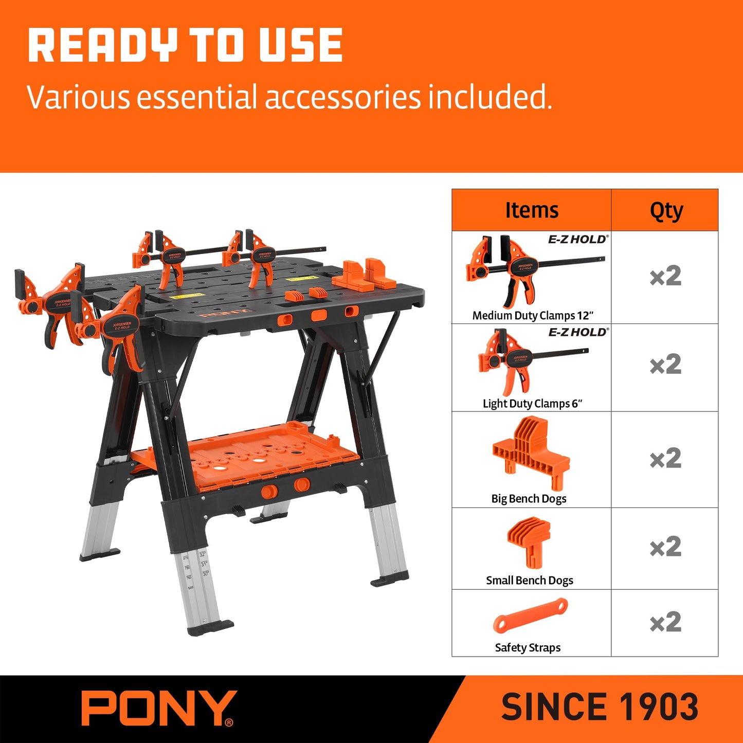 PONY Portable Folding Work Table - 2-in-1 Sawhorse & Workbench