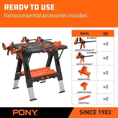 PONY Portable Folding Work Table - 2-in-1 Sawhorse & Workbench
