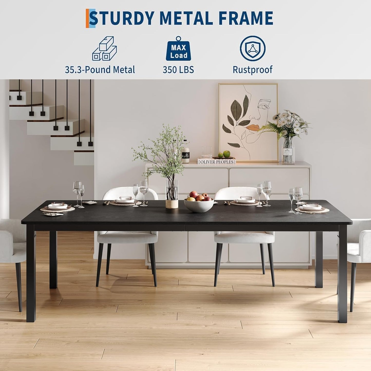 GarveeHome 70.8 in Industrial Dining Table for 6, Wooden Long Dinner Table with Mortise Tenon Design, Kitchen Table with Sturdy Metal Legs, for Dining Room Home Office Living Room, Black