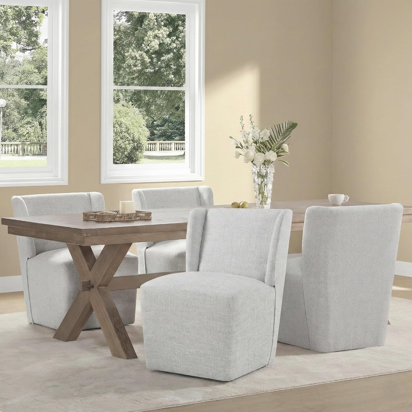 KISLOT Upholstered Dining Chairs Set of 4 with Casters, Wingback Modern Side Armless Deskchair with Rollers for Diningroom Bedroom Livingroom Reading Room, Light Grey Fabric