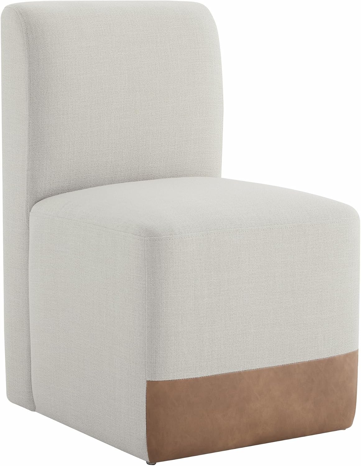 CHITA Dining Chairs with Casters Set of 4, FSC Certified Upholstered Armless Modern Rolling Dining Chairs with Rollers for Bedroom Reading Room Living Room, Linen & Cognac Faux Leather Patchwork