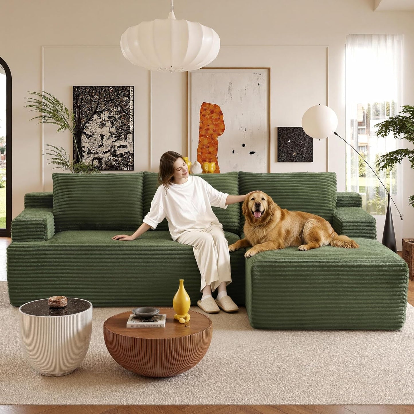 96" Sectional Couches for Living Room Cloud Couch Sofa with L-Shape Upholstered Boneless Couchs Modern Modular Sectional Couch with Chaise (Green, 96" W+Right Facing Chaise+2Seaters)