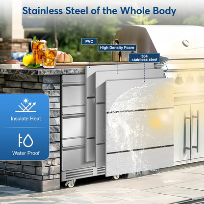 FoMup Stainless Steel 3-Tier Drawer Fridge Undercounter, Outdoor Beverage Refrigerator with Wheels, Waterproof Design and Temperature Control for Home and Commercial Use