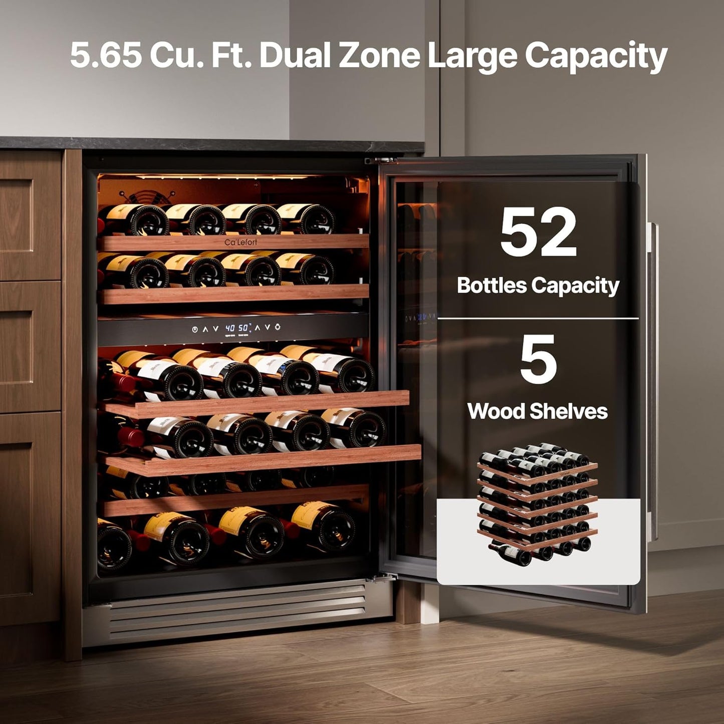 Ca'Lefort 24 Inch Wine Fridge, 52 Bottles Dual Zone 40-65°F Wine Cooler, Adjustable Shelves & 3 LED Light, Wine Refrigerator with Glass Door, Built-in Under Counter Freestanding for Home/Kitchen/Bar