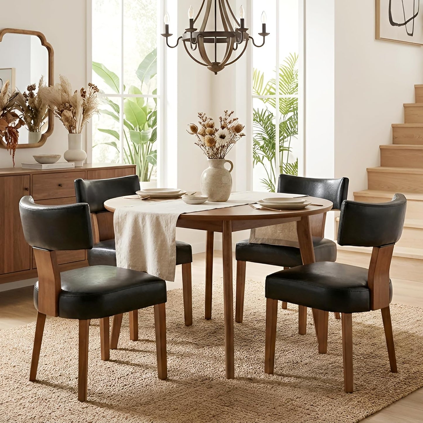 HNY Mid Century Modern Dining Chairs Set of 2, Farmhouse PU Leather Upholstered Accent Chair Curved Backrest Kitchen Chairs, with Hardwood Frame, Black