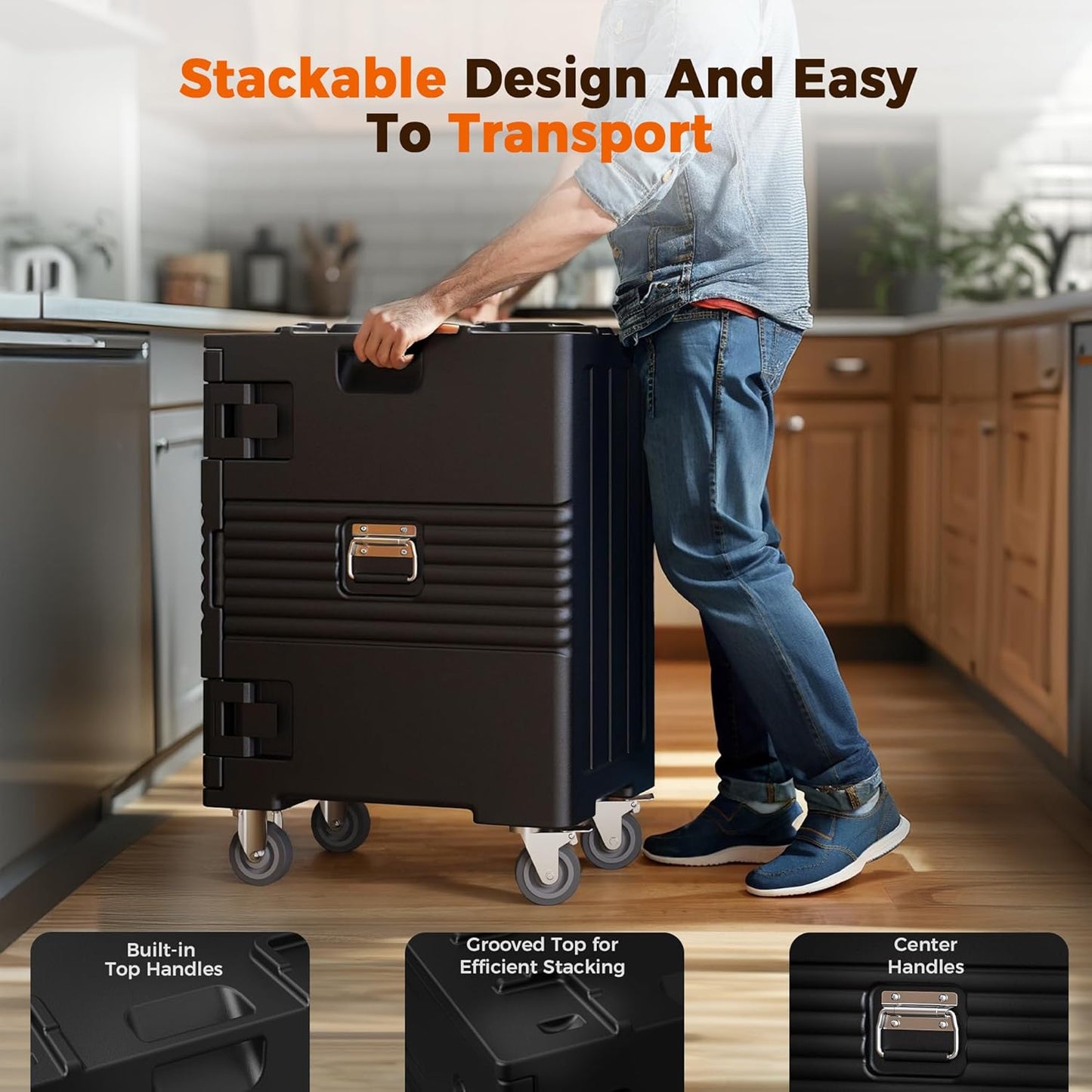 CAMMOO 127QT Non-Electrical Catering Food Warmers with Swivel Casters, 304 Stainless Steel Door Shaft & Nylon Latch, Insulated Food Carrier for 8 Full-Size Pans(NOT Included), Food Warmer Hot Boxes