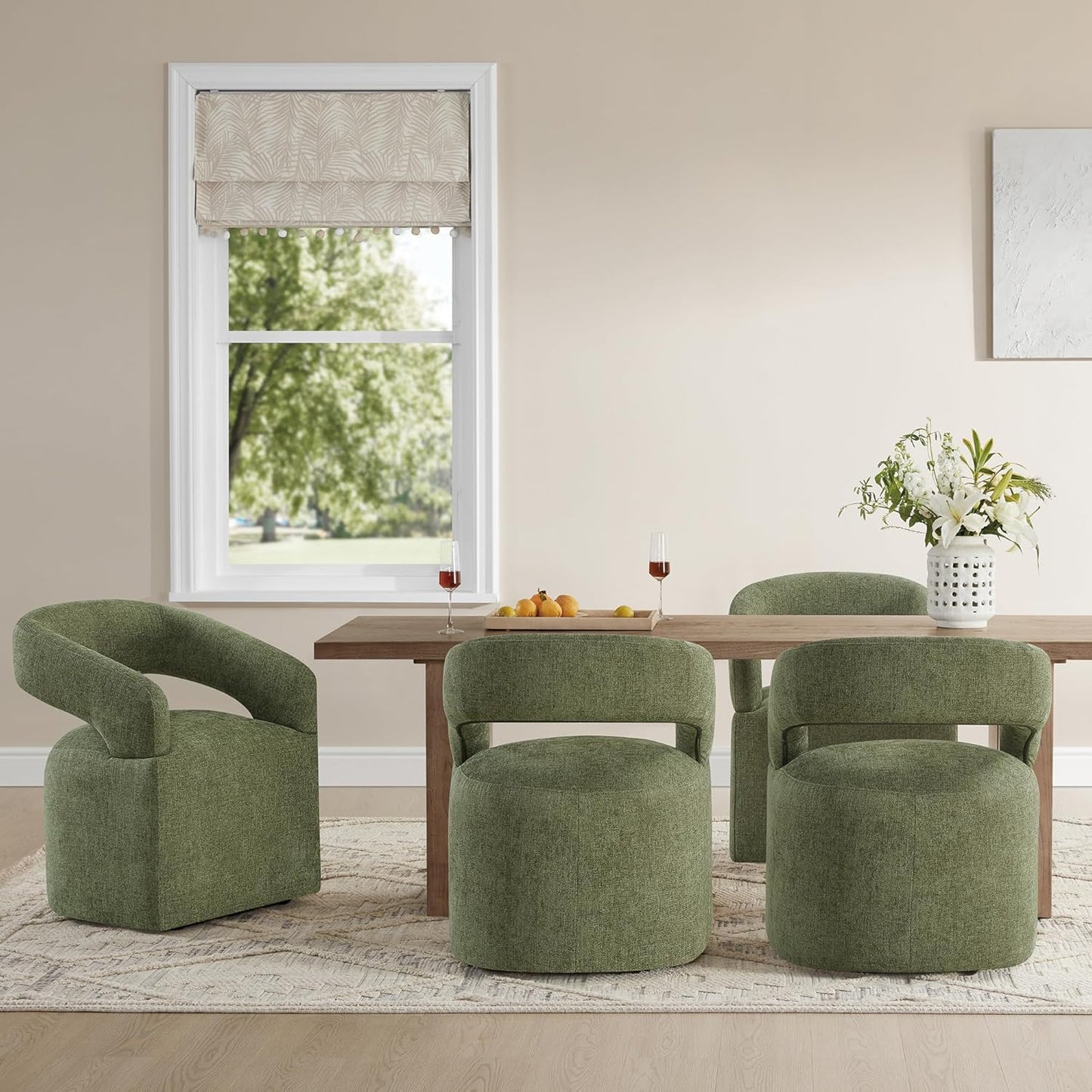KISLOT Upholstered Dining Chairs with Casters, Modern Barrel Side Armchair with Rollers for Dining Room, Bedroom, Kitchen, Reading Room, Green, Set of 4