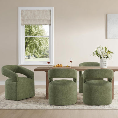 KISLOT Upholstered Dining Chairs with Casters, Modern Barrel Side Armchair with Rollers for Dining Room, Bedroom, Kitchen, Reading Room, Green, Set of 4