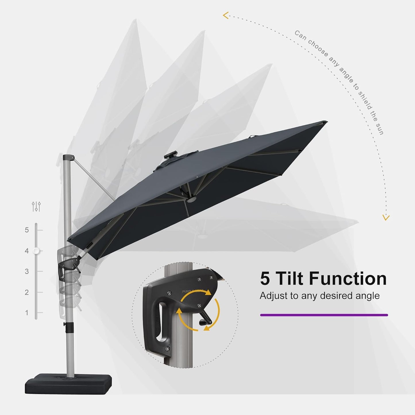 PURPLE LEAF 9' X 12' Patio Umbrella with Lights Outdoor Rectangle Cantilever Umbrella Solar Powered LED with 360-degree Rotation for Garden Deck Pool Patio, Grey