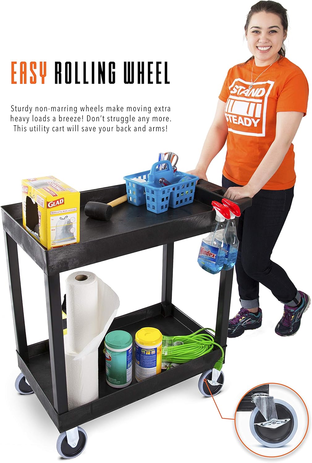 Stand Steady Tubstr 2 Shelf Utility Cart Supports Up to 250 lbs - Heavy-Duty Plastic Service Push Cart with Deep Shelves and 5" Casters, for Offices, Warehouse Storage, Garage (Black, 32 x 18 x 51)