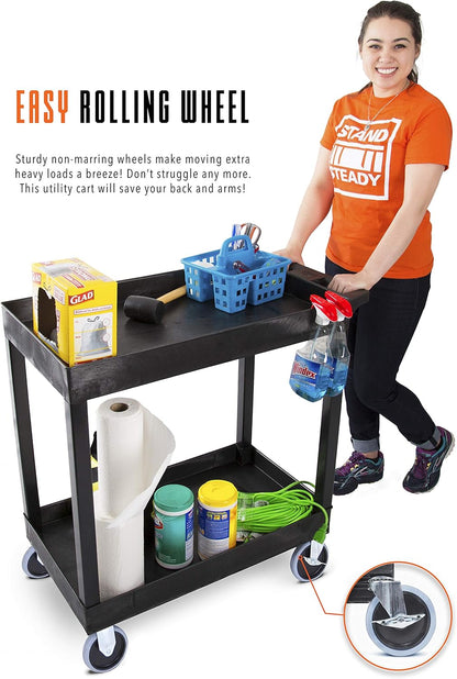 Stand Steady Tubstr 2 Shelf Utility Cart Supports Up to 250 lbs - Heavy-Duty Plastic Service Push Cart with Deep Shelves and 5" Casters, for Offices, Warehouse Storage, Garage (Black, 32 x 18 x 51)