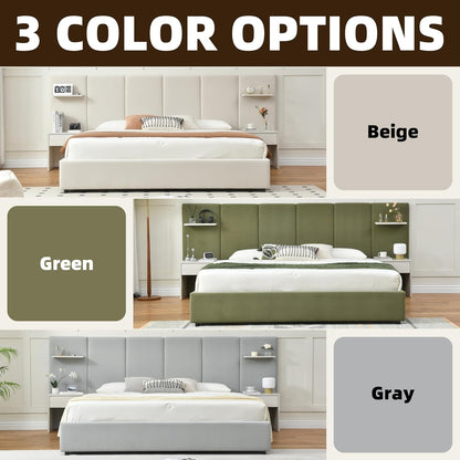 King Bed Frame with Storage & Built-in Nightstands, Velvet Upholstered Platform Bed Frame with Drawers & 2 Floating Storage Shelves, Noise-Free, No Box Spring Needed, Easy Assembly, Beige
