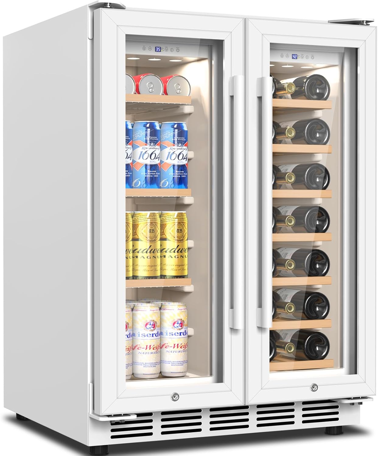 FoMup Wine and Beverage Refrigerator, 24 Inch Beverage Cooler Dual Zone with Glass Door, Under Counter Beverage Fridge with Upgraded 65 Cans 18 Bottles Large Capacity, White