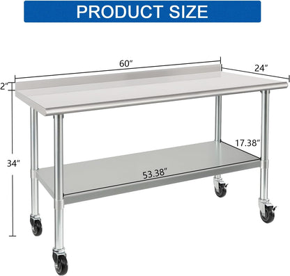 HARDURA Stainless Steel Table 24 x 60 Inches with Wheels Casters NSF Heavy Duty Commercial Prep Table with 2” Backsplash and Adjustable Undershelf for Restaurant Kitchen Home and Hotel