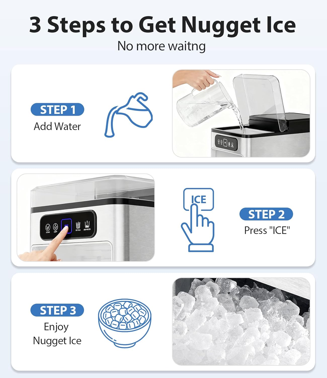Nugget Ice Maker 40lbs/Day, Countertop Ice Maker Soft Chewable Ice, Ice Makers One-Click & Self-Cleaning, Crushed Pellet Ice Machine with Scoop&Basket for Home/Kitchen/Office, Stainless Silver
