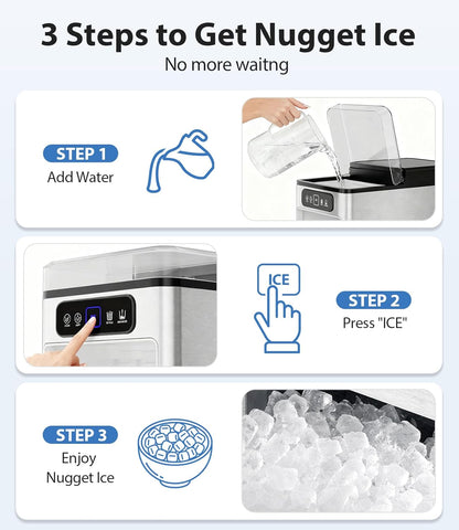 Nugget Ice Maker 40lbs/Day, Countertop Ice Maker Soft Chewable Ice, Ice Makers One-Click & Self-Cleaning, Crushed Pellet Ice Machine with Scoop&Basket for Home/Kitchen/Office, Stainless Silver