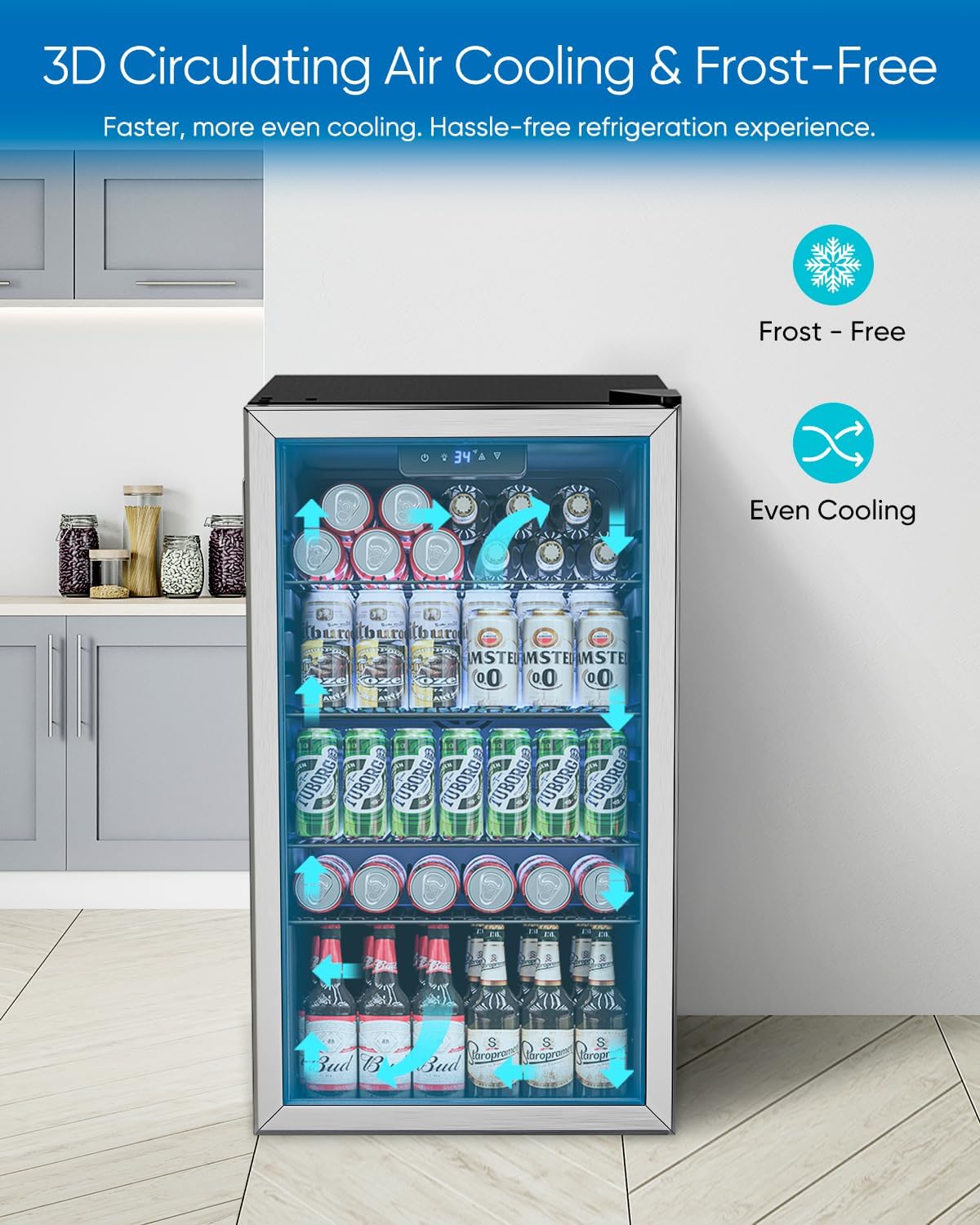 Feelfunn Beverage Refrigerator Cooler - 126 Can Mini Fridge Glass Door for Drinks Soda Beer Wine - Small Refrigerator for Office Bedroom Home Bar, 4 Adjustable Shelves, 3.2 Cu.Ft, Silver