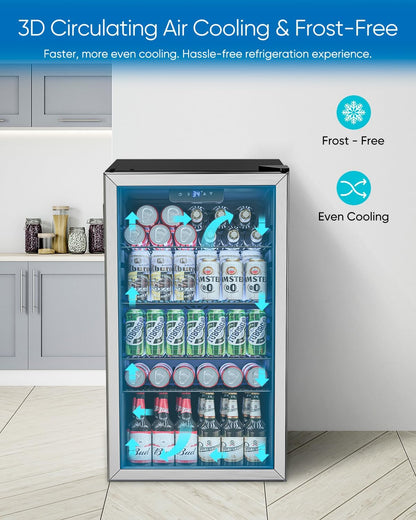 Feelfunn Beverage Refrigerator Cooler - 126 Can Mini Fridge Glass Door for Drinks Soda Beer Wine - Small Refrigerator for Office Bedroom Home Bar, 4 Adjustable Shelves, 3.2 Cu.Ft, Silver