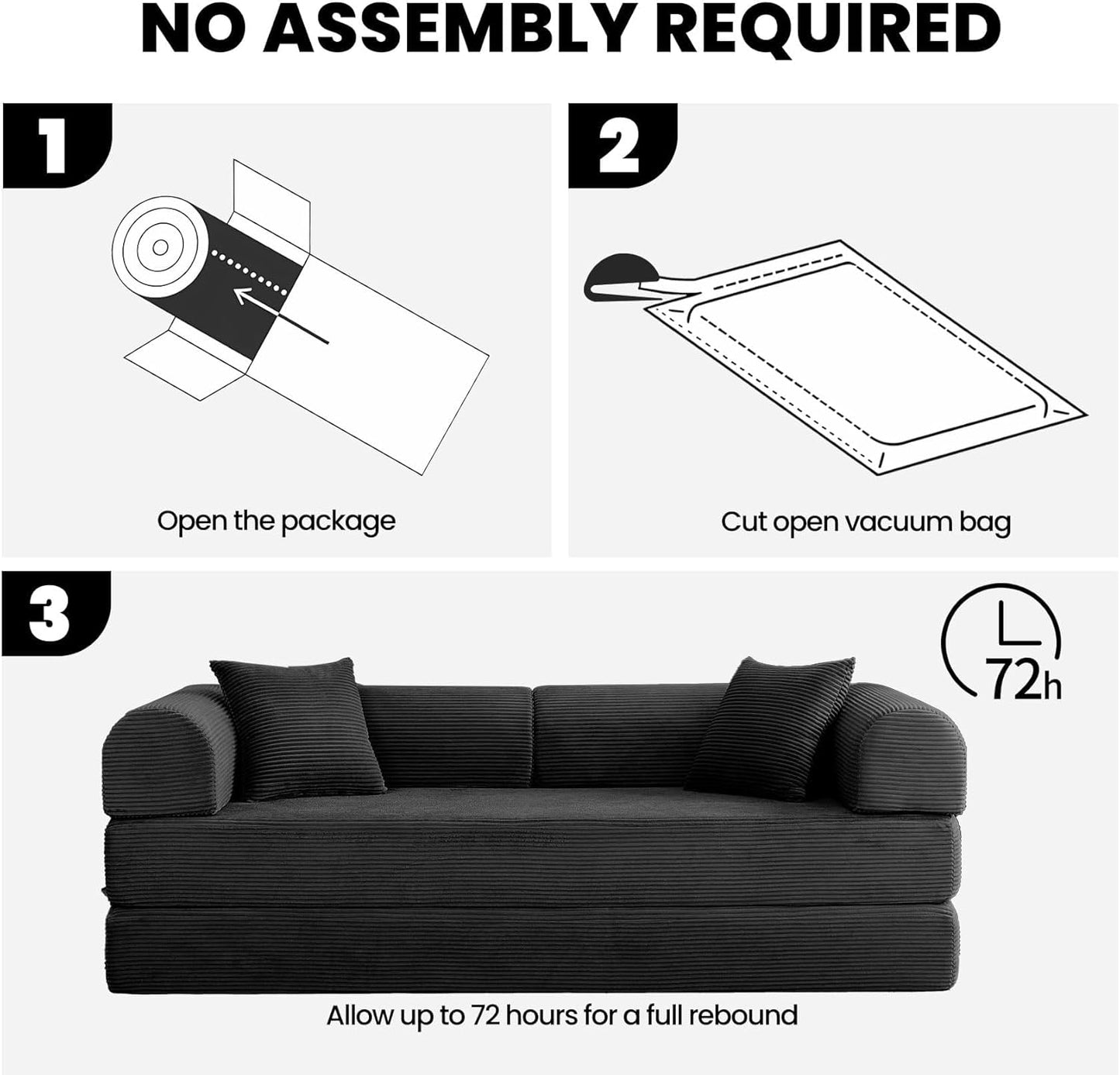 79'' Convertible Sofa Bed, 5-in-1 Folding Boneless Couch, Pull Out Floor Sleeper, Modular Lounge Sofa for Living Room Bedroom, Multi-Function Foldable Sofa (Black)