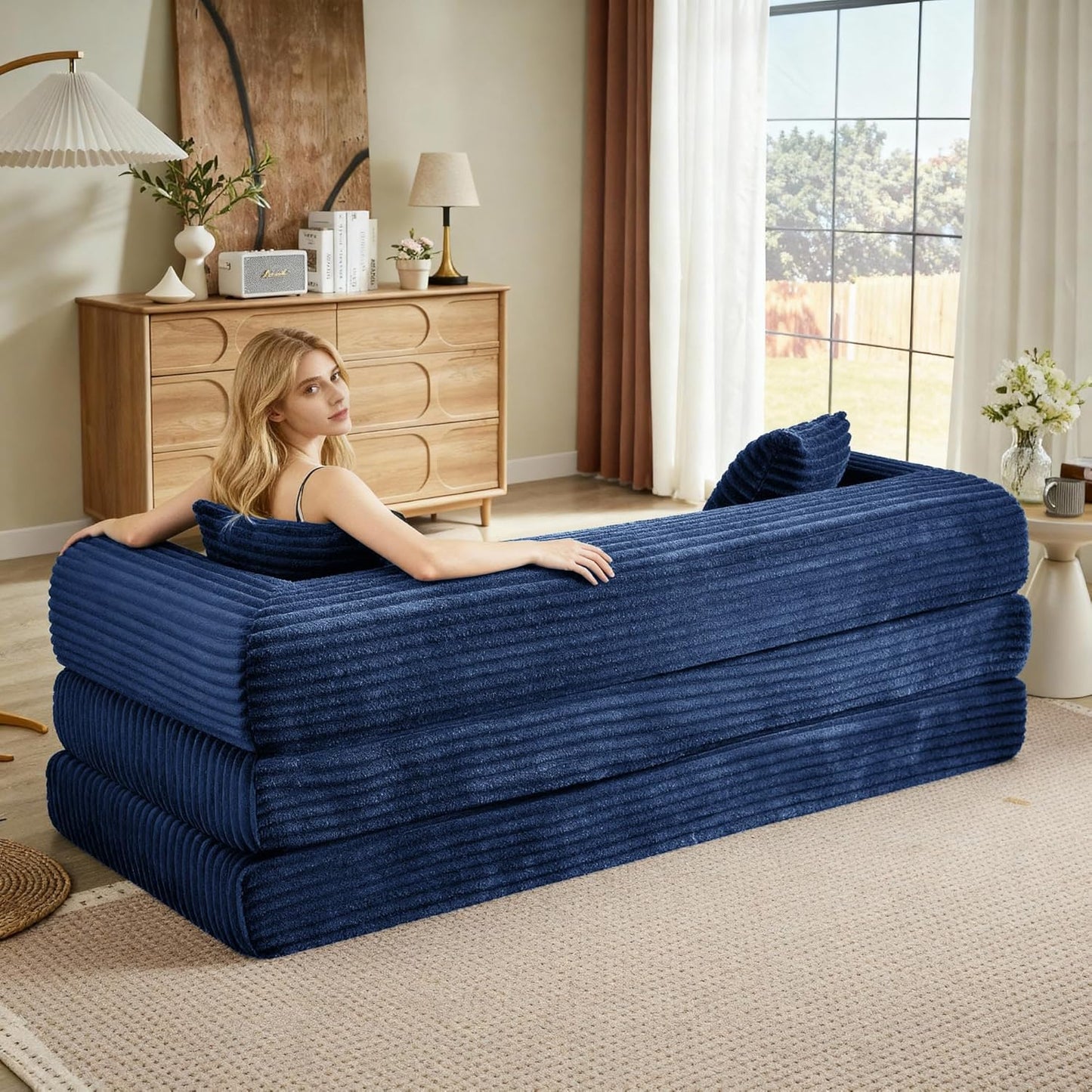 Boneless Couch Versatile Couches for Living Room No-Install Sofa Bed Corduroy Futon Soft Cloud Couch with Pillows for Bedroom Game Movie (Dark Blue, 76")