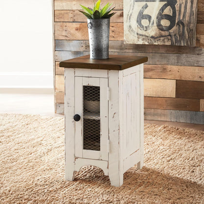 Signature Design by Ashley Wystfield Farmhouse Chair Side End Table with Cabinet Door for Storage, White & Brown with Distressed Finish
