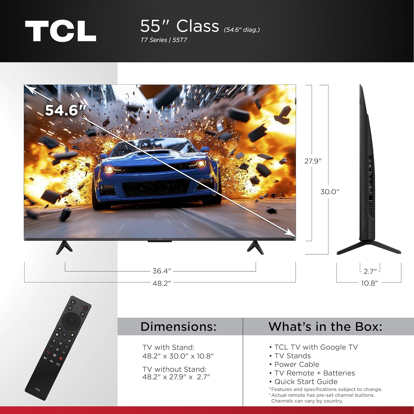 TCL 55 Inch Class T7 Series | 4K QLED HDR | 55T7, 2025 Model | 120HZ Refresh Rate High Brightness Smart Google TV Dolby Atmos Audio | Voice Remote Alexa Gaming Streaming Television