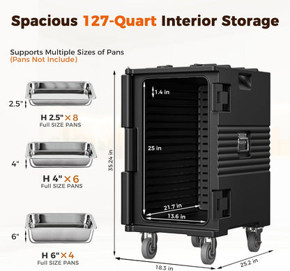 CAMMOO 127QT Non-Electrical Catering Food Warmers with Swivel Casters, 304 Stainless Steel Door Shaft & Nylon Latch, Insulated Food Carrier for 8 Full-Size Pans(NOT Included), Food Warmer Hot Boxes