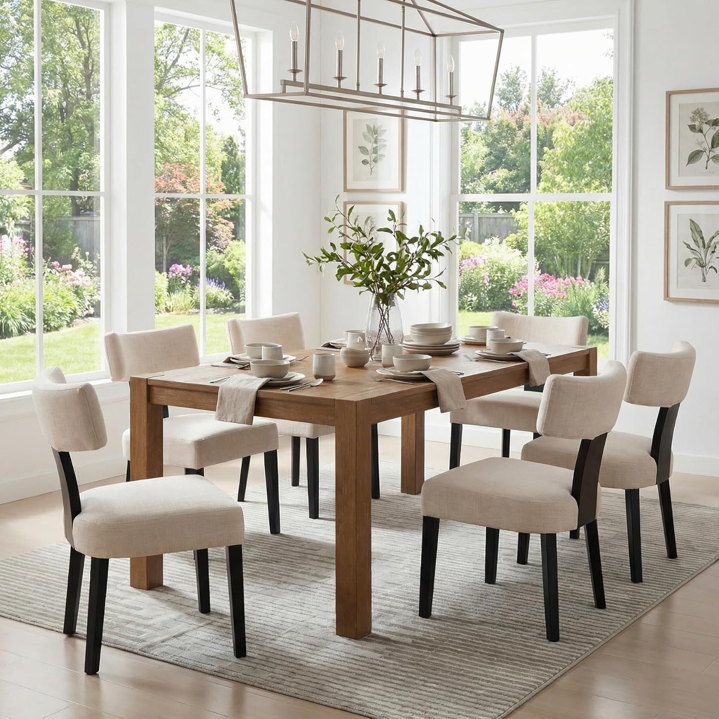 RIVOVA Mid Century Modern Dining Chairs Set of 6 Farmhouse Linen Fabric Upholstered Dining Room Chairs Kitchen Chairs with Curved Backrest Black Wood Legs, Beige