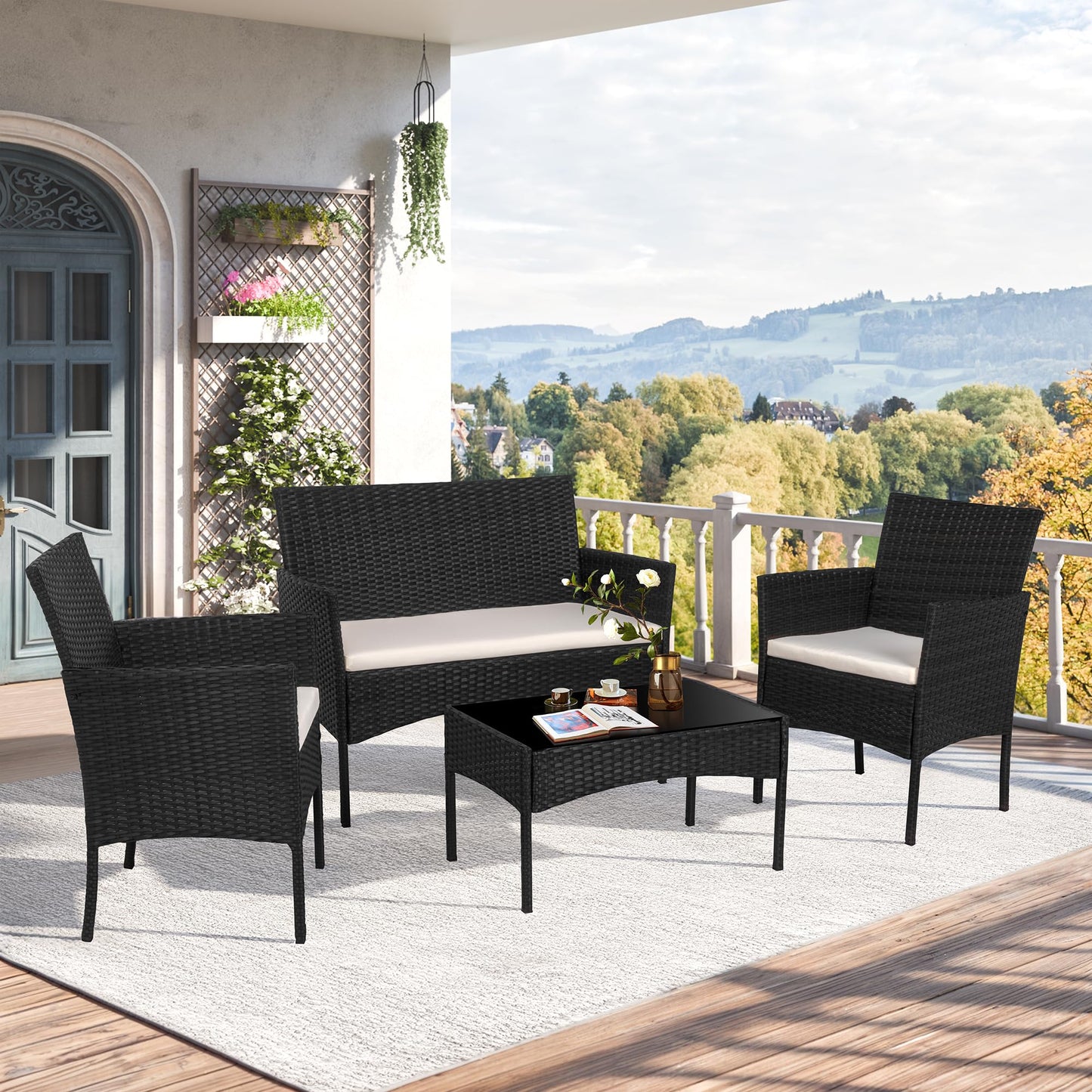 SHINTENCHI 4 Piece Wicker Patio Furniture Set with Glass Table