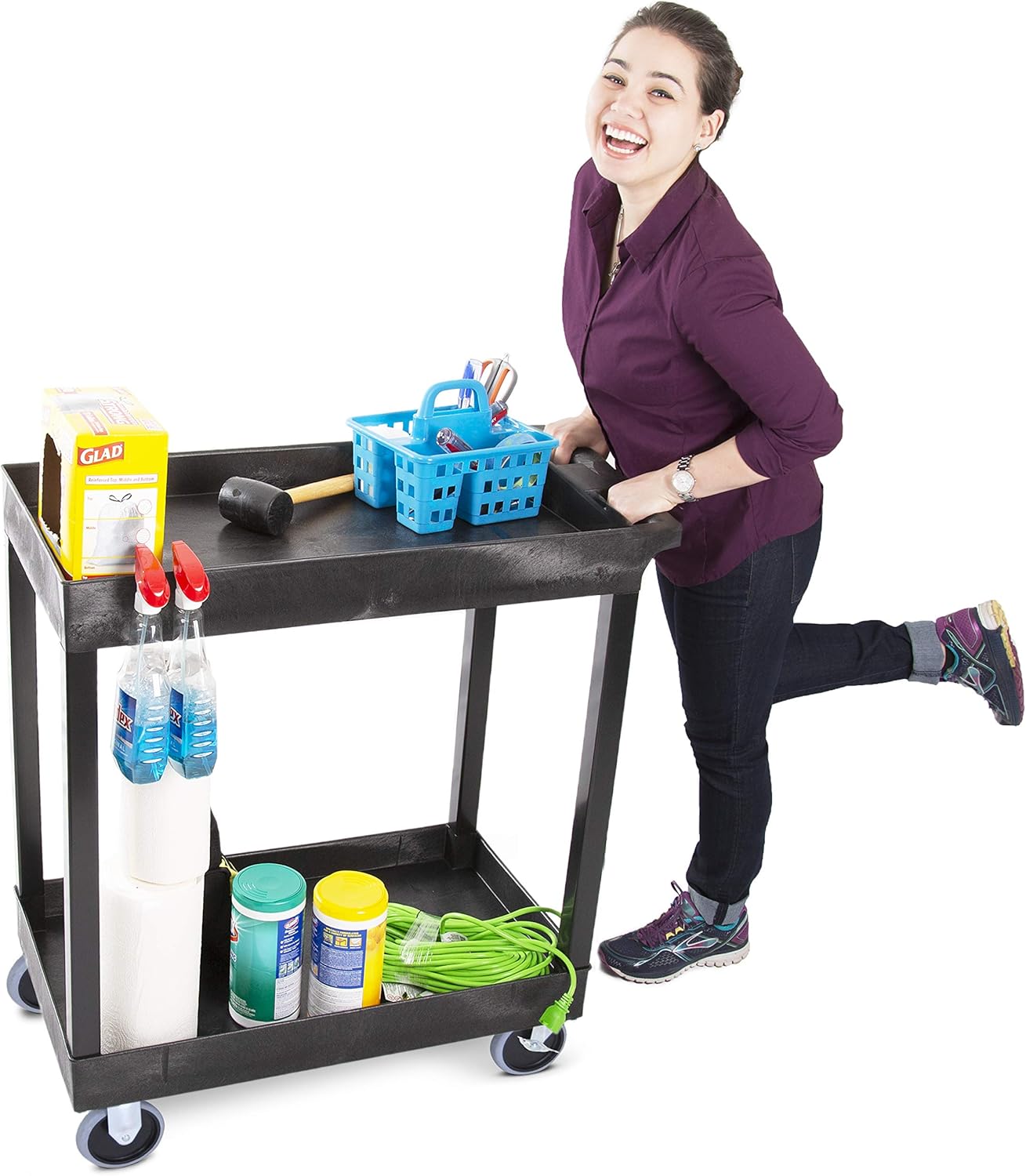 Stand Steady Tubstr 2 Shelf Utility Cart Supports Up to 250 lbs - Heavy-Duty Plastic Service Push Cart with Deep Shelves and 5" Casters, for Offices, Warehouse Storage, Garage (Black, 32 x 18 x 51)