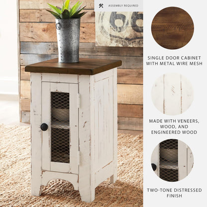 Signature Design by Ashley Wystfield Farmhouse Chair Side End Table with Cabinet Door for Storage, White & Brown with Distressed Finish