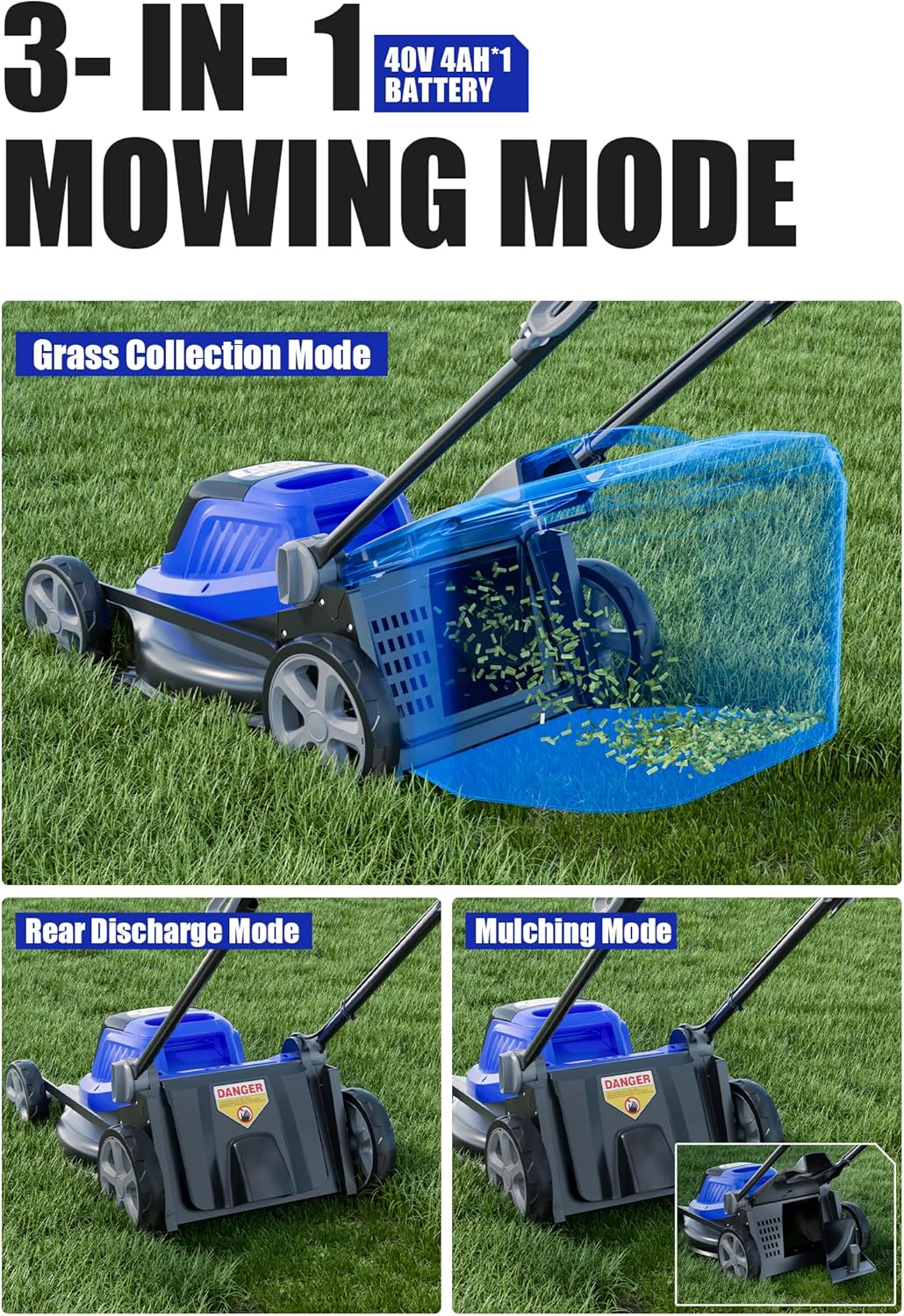 Wild Badger Power 40V 18″ Cordless Lawn Mower Brushless , 5,445 sq ft/0.125 ac, 1×4.0Ah Battery & Fast Charger, 5-Position Height ,for Small-to-Medium Lawns