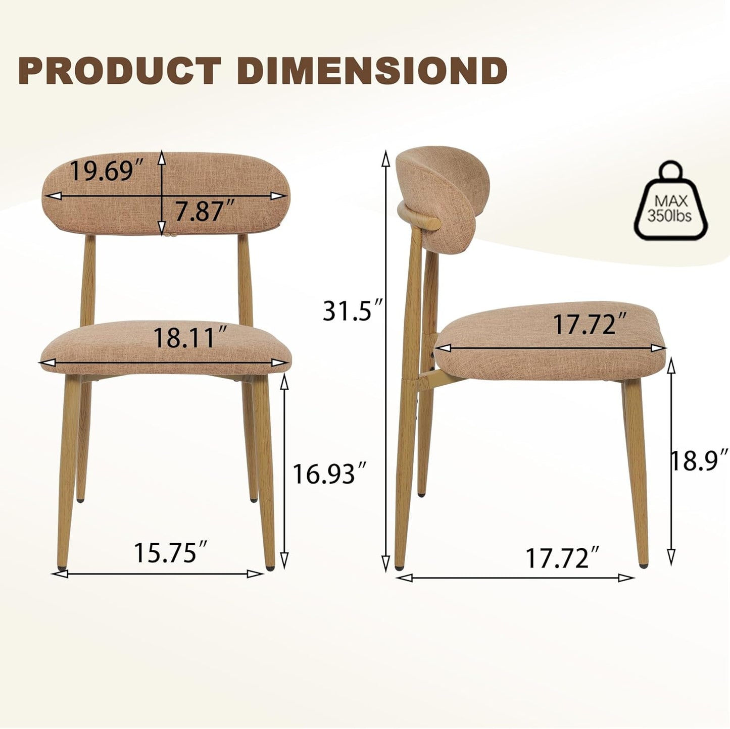 FREKEN Modern Upholstered Dining Chairs Set of 8, Mid-Century Metal Frame with Wood Grain, Linen Fabric Side Chair for Kitchen Dining Room, 350lbs Capacity, Brown